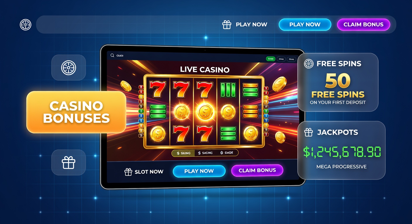 Overzicht van casino bonussen met free spins iconen, stapelende multipliers en welkomstpakketten op een kleurrijke banner