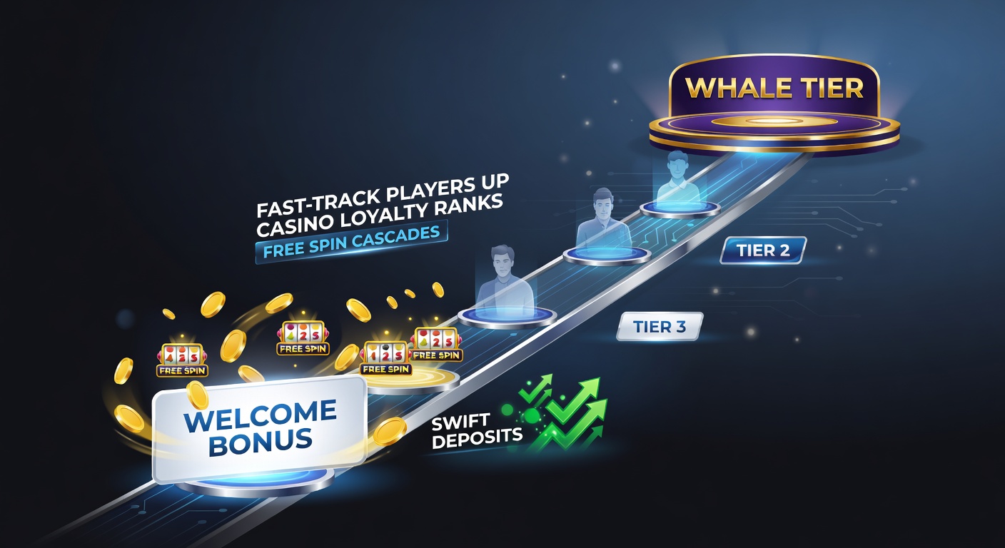 Grafiek die loyaliteitsniveaus in online casino's toont, van beginner tot high roller met pijlen voor snelle promotie via deposits en spins