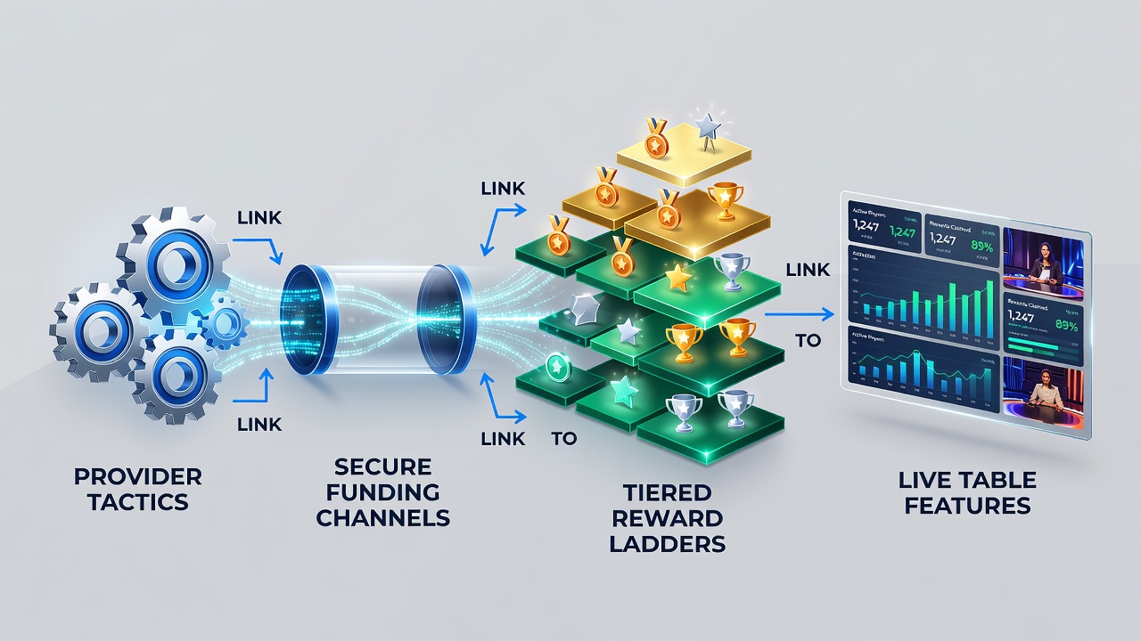 Diagram van connecties tussen betaalsystemen, VIP-ladders en live dealer features op mobiel