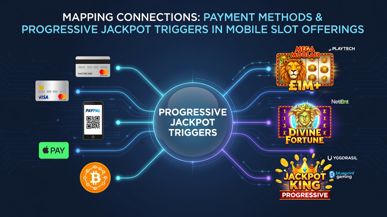 Illustratie van mobiele slot interfaces met verschillende betaalmethoden en jackpot indicatoren