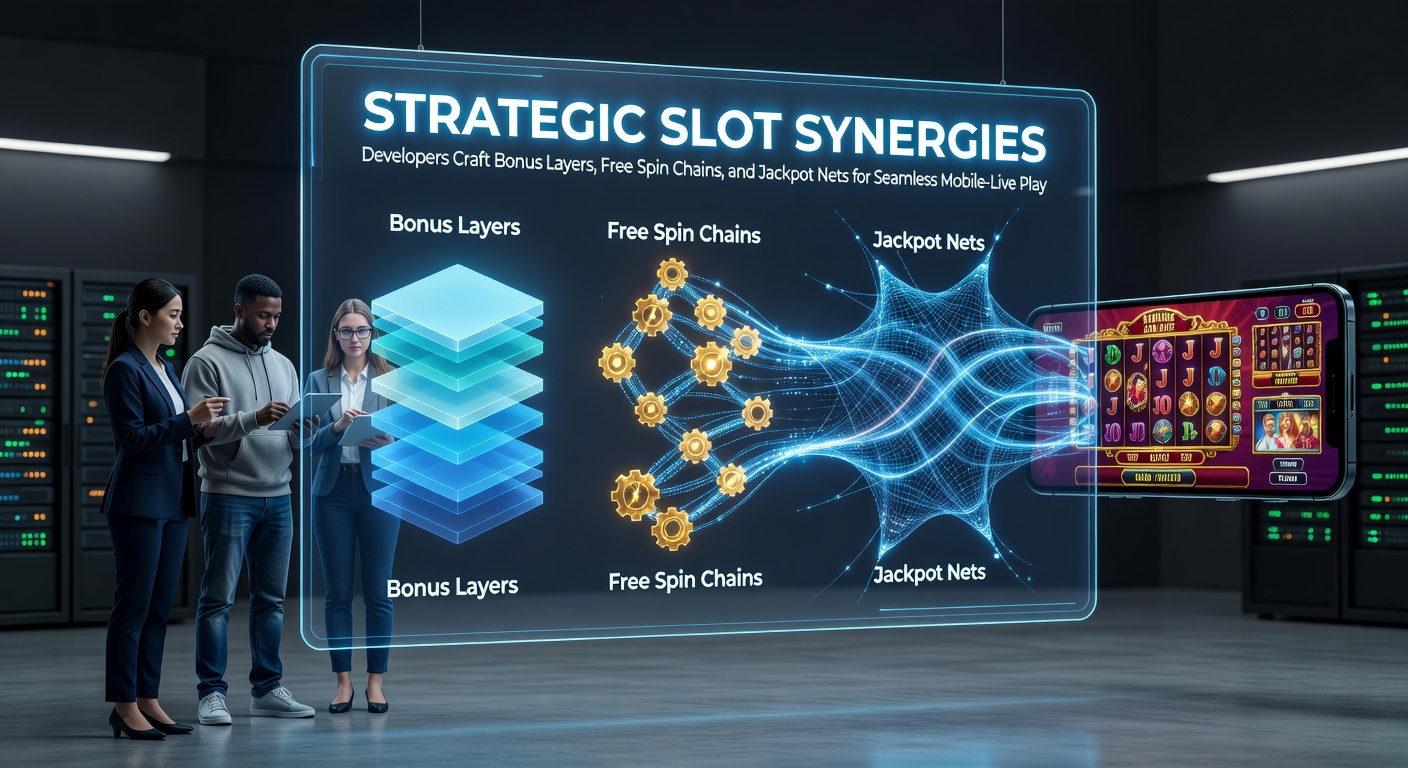 Grafische weergave van interconnected slot-elementen met bonuslagen, spin-ketens en jackpotnetwerken die mobiel en live casino verbinden