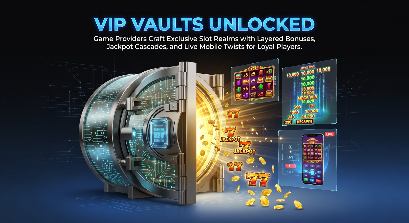 Schermafbeelding van een luxueuze VIP-slot met gouden kluizen, watervalbonussen en mobiele live-dealer interfaces die jackpots laten cascaderen voor loyale spelers